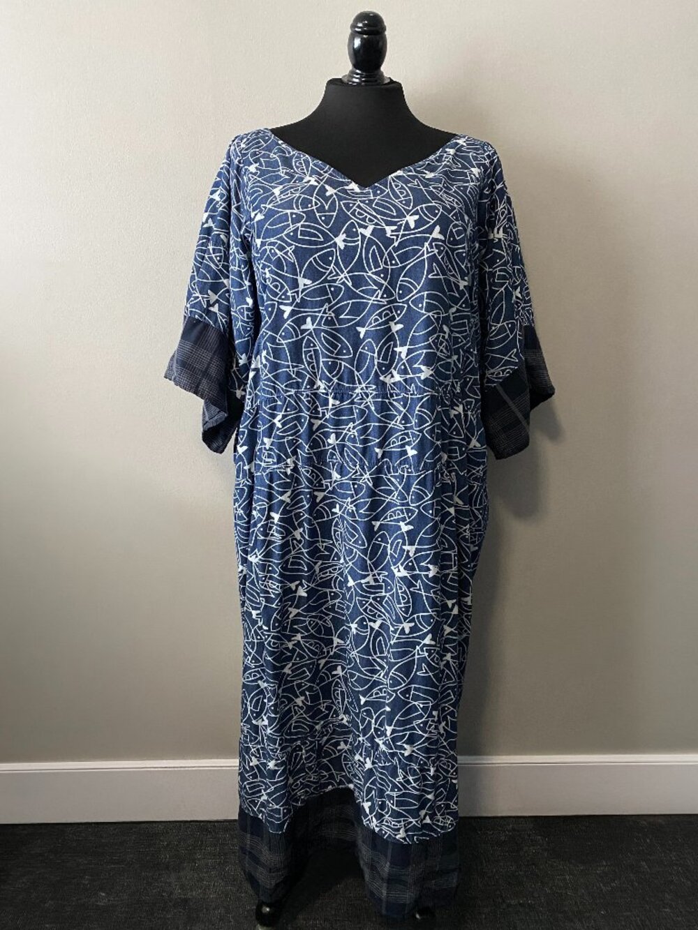 Handmade Plus Size Cotton Blue White Fish Plaid Print Dress